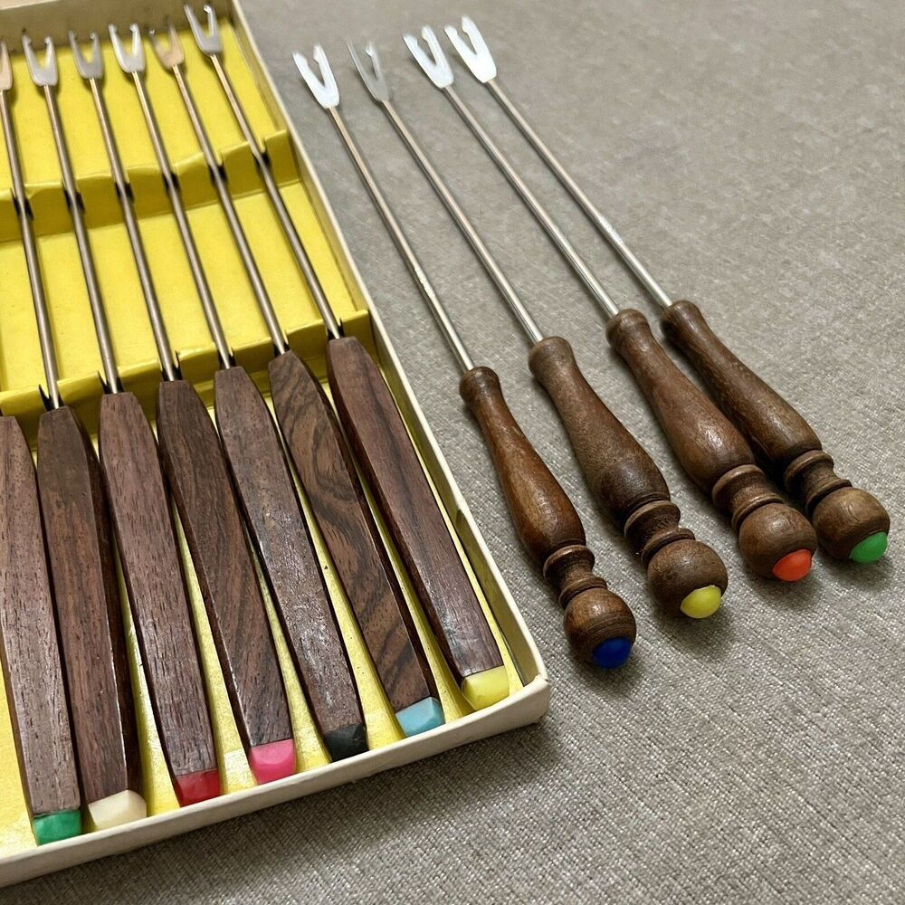 VTG MCM Teak Handle Stainless Fondue Forks Original Box 11 Pcs Made In Japan EXC